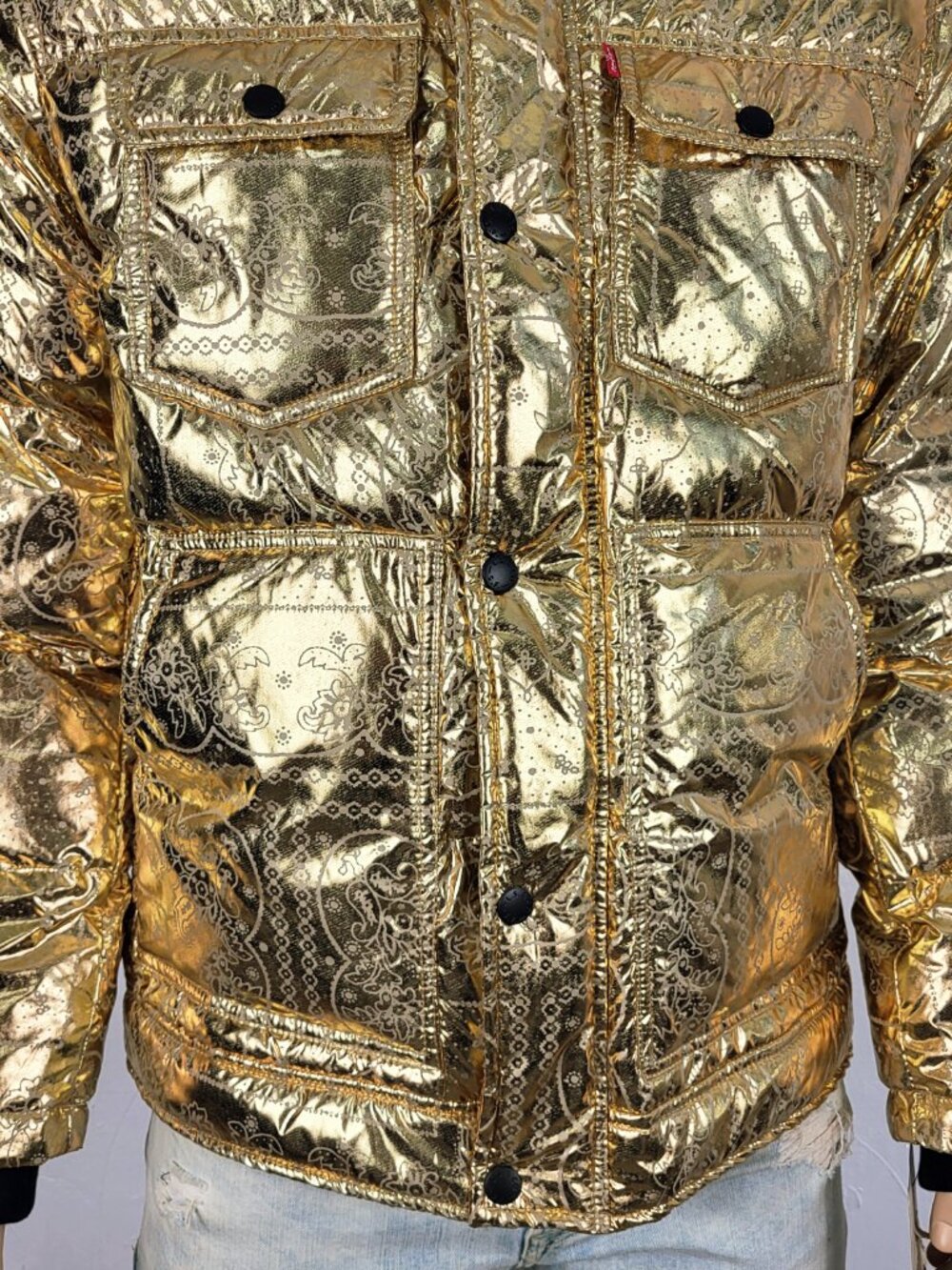 NWT~$225~LEVIS~SZ S~MENS GOLD METALLIC PUFFER BOMBER JACKET HOODED COAT POCKETS - Picture 3 of 16